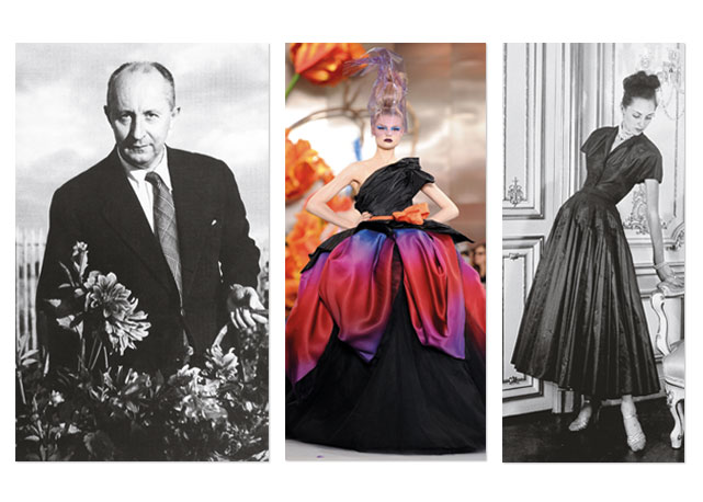 Da esquerda para à direita: Monsieur Dior no jardim de sua casa, em Granville; look do inverno 2010 de alta- costura da marca; e imagem da linha Corolle, da Dior, nos anos 1950 - Fotos:reprodução/Bazaar