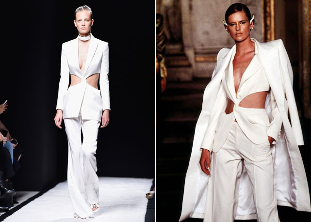 À esquerda o look do verão 2015 da Balmain e à direita o look da coleçào de verão alta-costura 1997 da givenchy - Fotos: Getty Images/reprodução