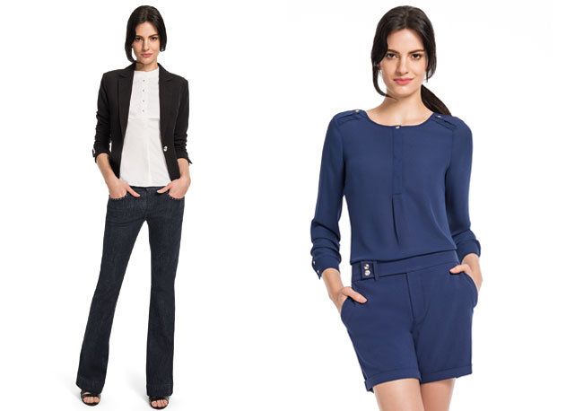 No look à esquerda: blazer (R$149,90), jeans (R$99,90) e nlusa (R$79,90); e no look à direira: shorts (R$79,90) e blusa (R$89,90), tudo da parceria da C&A com a Swarovski - Fotos: Divulgação
