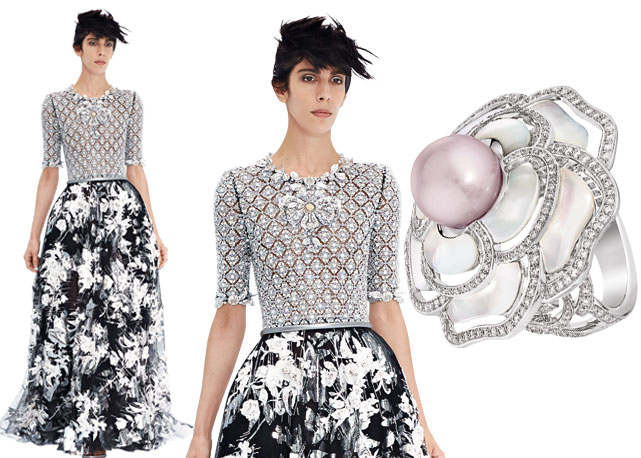 Reproduções da famosa Camélia Chanel em look da alta-costura de inverno 2015 e na alta-joalheria da marca - Fotos:reprodução/Bazaar