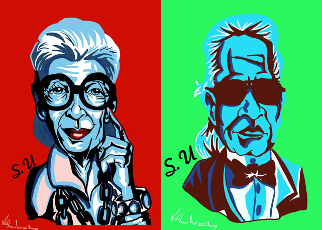 As caricaturas de Iris Apfel e Karls Lagerfeld que Léo Munhoz criou em parceria com Silvia Ulson - Fotos: divulgação