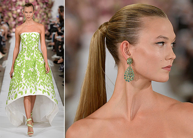 O verde floral de Karlie Kloss e, no detalhe, brincos must have - Fotos: Getty Images