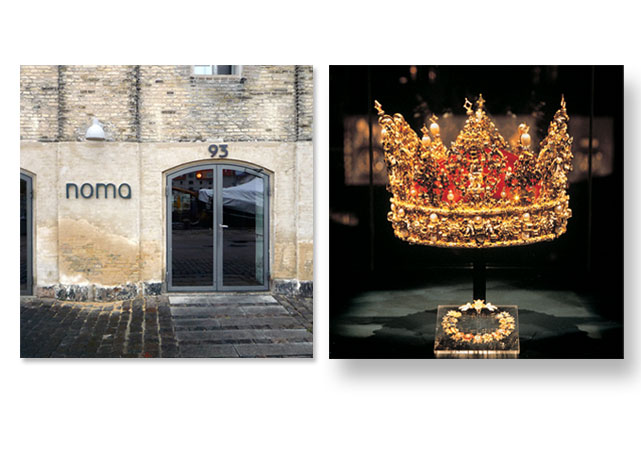 À esquerda a fachada do restaurante Noma e à direita uma das peças do acervo do Rosenborg Castle, ambos em Copenhaguen, na Dinamarca - Fotos:reprodução