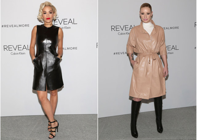 Couro foi a escolha de Rita Ora (à esquerda) e Iggy Azalea (à direita) - Fotos: Getty Images