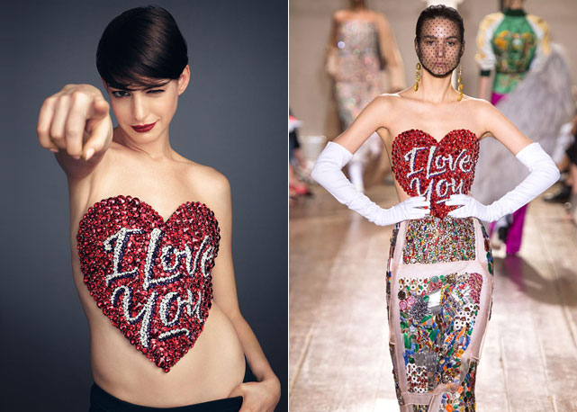Anne Hathaway no editoril da Harper's Bazaar US e á direita o look de alta-costura invenro 2015 da Maison Martil Margiela - Fotos: reprodução