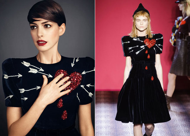 Anne Hathaway no editoril da Harper's Bazaar US e á direita look do inverno 2015 de alta-costura da Schiaparelli - Fotos: reprodução