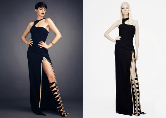Anne Hathaway no editoril da Harper's Bazaar US e á direita resort 2015 da Versace- Fotos: reprodução