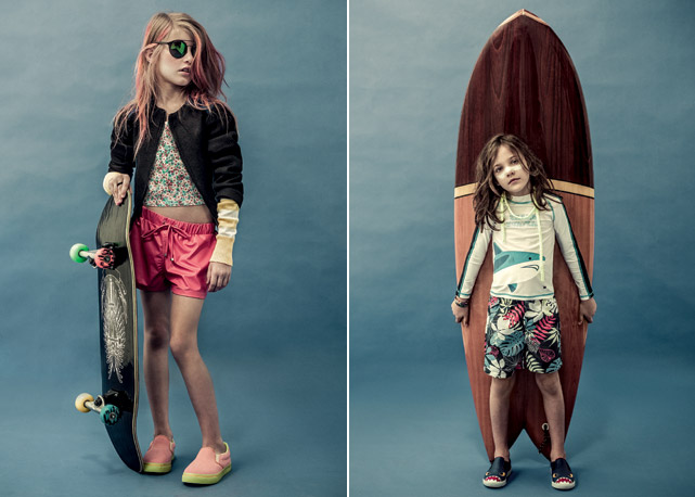 À esquerda, Sophia com jaqueta de neoprene 1+ 1, macacão de enoprene Mormaii e prancha da Quicksilver; à direita, Damião usa t-shirt EPK, bermuda Hering, tênis Bibi e prancha Art In Surf - Foto: reprodução/Bazaar Kids