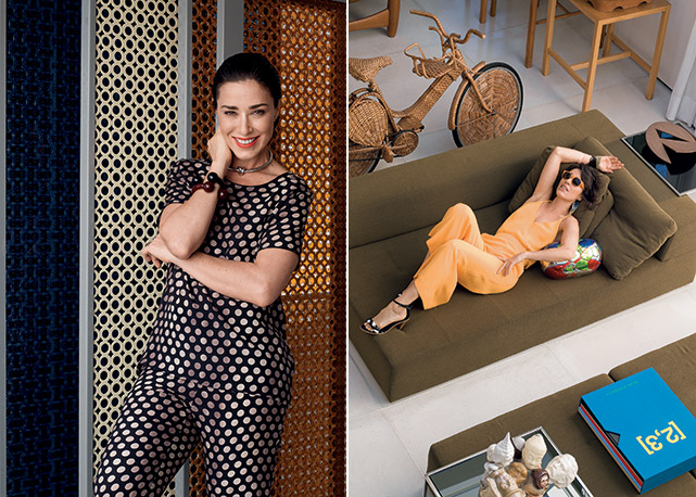 À esquerda, Gabriela usa calça e top Andrea Marques, colar Céline, anel Ara Vartanian e brinco de seu acervo pessoal. À direita, usa sandálias, pulseiras e brincos Andrea Marques e óculos Linda Farrow para Dries Van Noten; atrás do sofá, escultura-bicicleta de Jarbas Lopes - Foto: reprodução/Harper's Bazaar