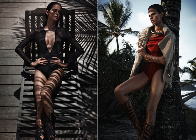 À esquerda, beach couture: Izabel usa maiô Adriana Degreas, cinto Alexander McQueen e sandálias Arezzo. À direita, a top usa colar Lanvin, jaqueta Isabel Marant na Trash Chic, maiô Jo de Mer e sandálias Schutz - Foto: reprodução/Harper's Bazaar