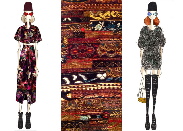 Dois croquis e uma estampa do inverno 2015 da Têca - Fotos: divulgação