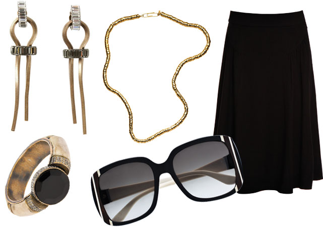 Em sentido horário, a partir do topo à esquerda: brincos Lanvin (R$ 3.240); colar Aurélie Bidermann; saia Talie NK (R$ 990); óculos Salvatore Ferragamo (R$ 990); e pulseira Talie NK (R$ 990) - Fotos: reprodução/ Bazaar