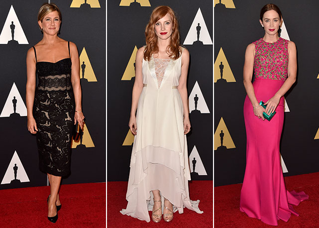 Da esquerda para a direita: Jennifer Aniston, Jessica Chastain e Emily Blunt - Fotos: Getty Images