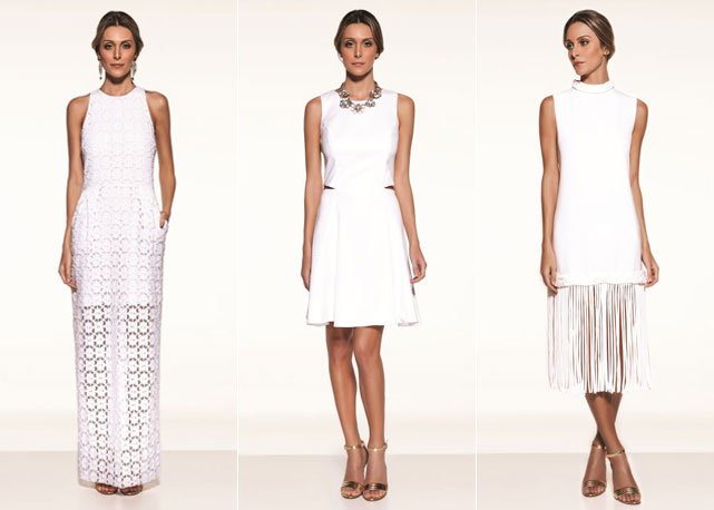 Da esquerda para à direita: vestido Energy (R$ 946) e brinco Pearl Sara R$ 825); vestido Happy Bubble (R$920); vestido off Batik (R$960) - Fotos: divulgação