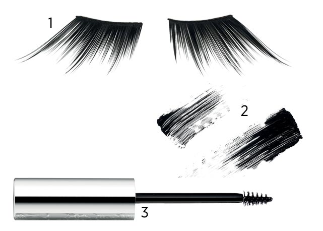 (1) Cílios postiços Dixie Flicks UBU, R$ 12; (2) Primer para cílios Perfect Eyes Eudora, R$ 41; e (3) Bottom Lash Mascara Clinique, R$ 54 - Foto: reprodução/Harper's Bazaar