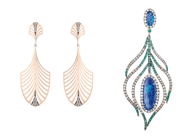 À esquerda, brincos de ouro rosé e ródio negro com diamantes; à direita, brinco Fascination com opala australiana, diamante icy e brown - Fotos: divulgação