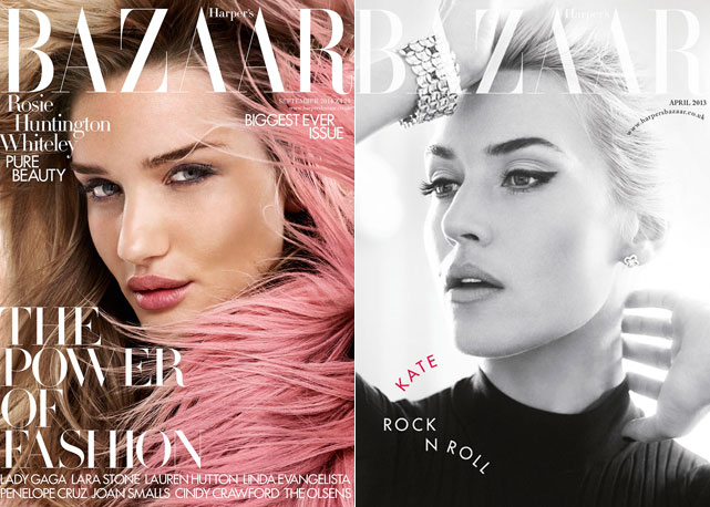 Á esquerda Rosie Huntington-Whiteley na edição de setembro de 2014 da Bazaar UK e à direita Kate Winslet na capa da edição de abril de 2013, ambas com make de Lisa Eldridge - Fotos: reprodução