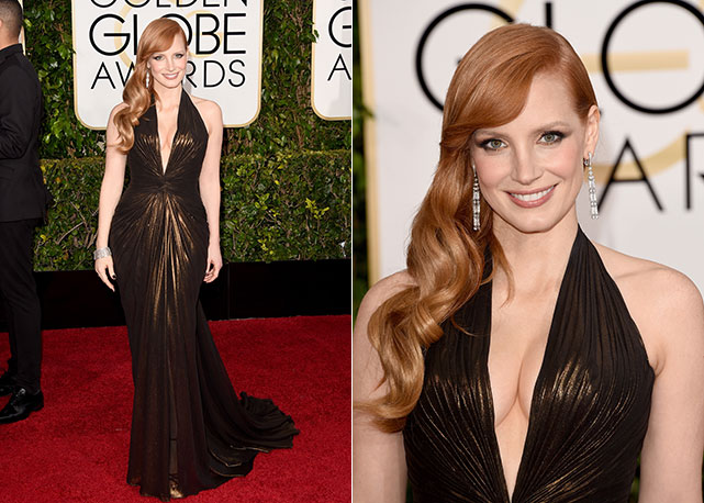 Jessica Chastain de Versace no Golde Globes - Foto: Getty Images