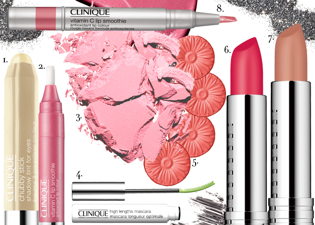 1. Chubby stick shadow tint for eyes na cor Gradest Gold; 2. Vitamin C Lip Smoothie na cor Pink Me Up; 3. Sombra All about shadow super shimmer na cor Bubble Bath R$79; 4. High Lengths Mascara na cor Black R$79; 5. Blush cheek pop na cor Peach Pop R$99; 6. Long Last Soft Matte Lipstick na cor Peony R$66; 7. Long Last Soft Matte Lipstick na cor Matte Suede R$66; 8. Vitamin C lip Smoothie Antioxidant Lip Colour Rouge Assant Formule