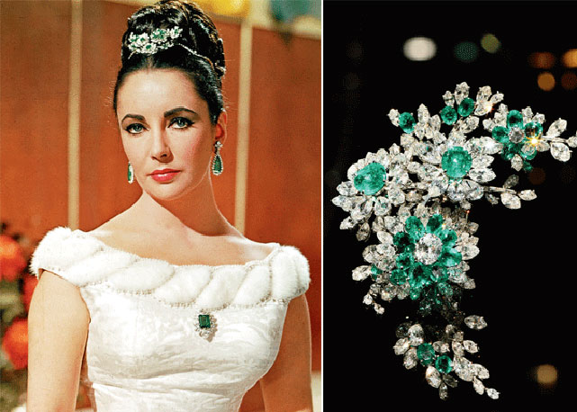 Elizabeth Taylor no filme The V.I.Ps onde usa seu broche como acessórios de cabeça e ao lado o broche da Bvlgari - Foto: reprodução
