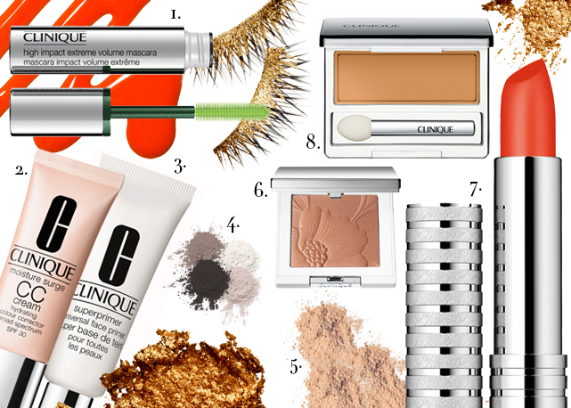 1. Hight Impact Extreme Volume Mascara na cor Black R$79; 2. Moisture Surge CC Cream R$ 159; 3.Superprimer Universal R$ 149; 4.Sombra:  all about shadow quad Jenna`s Essentials - R$169; 5. Pó Stay Mattena cor StaySsuede - R$139; 6. Blush: Fresh Bloom Allover Colour na cor Almond Blossom Blend - R$159; 7. Long Last Soft Matte Lipstick na cor Matte Mandarin - R$66; 8. Sombra: all about shadow super shimmer na cor At Dusk - R$79