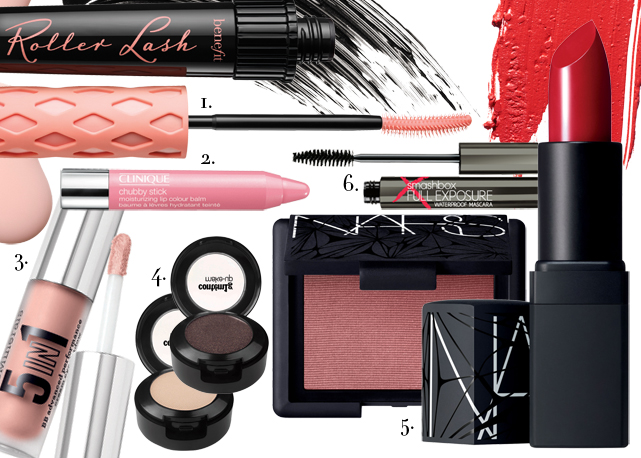 1. Benefit Roller Lash; 2. Clinique Chubby Stick R$ 75; 3. bareMinerals BB Cream 5 in 1 R$ 94; 4. Contém 1g sombra compacta R$ 38 (cada); 5. NARS Holiday R$ 115 (batom) R$ 145 (blush); 6. Smashbox Full Exposure R$ 89