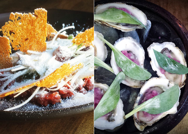 À esquerda tartare de carne e à direita ostras servidos no restaurante Ink, em Los angeles - Foto: reprodução
