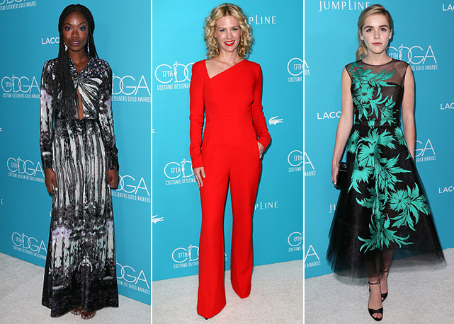 Da esquerda para a direita: Xosha Roquemore, January Jones (de macacão Roland Mouret) e Kierman Shipka - Fotos: Getty Images