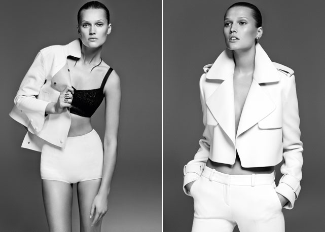 À esquerda, Toni usa casaco Tod's, hotpantes Balenciaga, sutiã Dolce & Gabbana e colar Ryan Storer; à direita, jaqueta balenciaga e calça Giorgio Armani - Fotos: reprodução/Harper's Bazaar