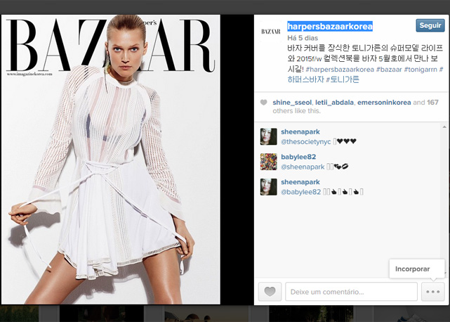 Nossa capa de abril, com Toni Garrn, no instagram da Bazaar Korea - Foto: reprodução