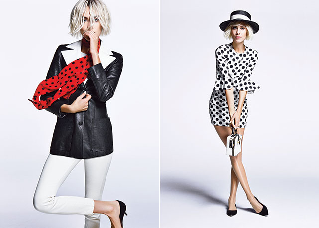 À esquerda vestido e bolsa Dolce & Gabbana na Nordstrom; chapéu Eugenia Kim; sapatos Jimmy Choo na Nordstrom; ao lado Jaqueta e lenço Saint Laurent by Hedi Slimane; camisa Vince na Nordstrom; calça Jeans Alexa Chung para AG; sapatos JimmyChoo na Nordstrom - Fotos: Mark Abrahams