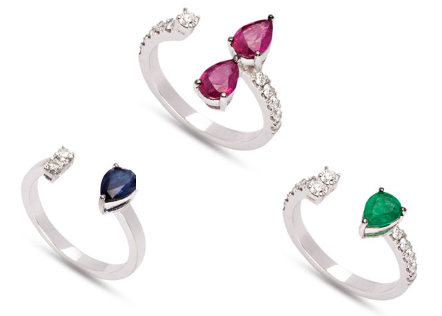 Em sentido horário: anel de ouro branco com diamantes e rubis; anel de ouro branco com diamantes e esmeralda; e anel de ouro branco com diamantes e safira. Todos preço sob consulta - Fotos: divulgação