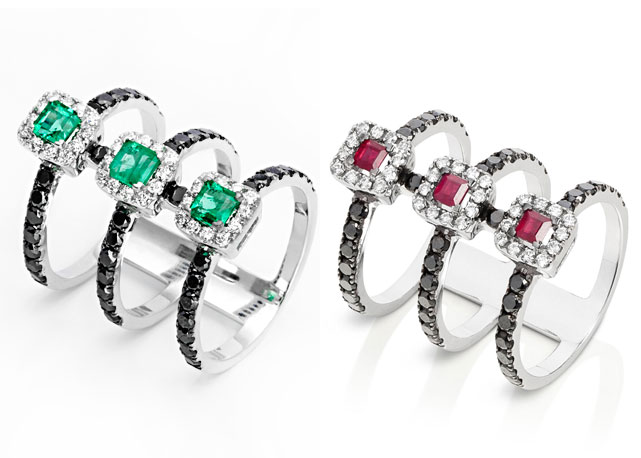 À esquerda anel de ouro branco com diamantes pretos e brancos e esmeraldas e à direita anel em ouro branco com diamanes pretos e dourados e rubis - Fotos: divulgação