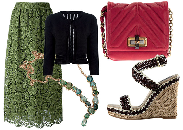 Saia Valentino R$ 10.570; Colar Cristina Rotondaro; Casaqueto Diane von Furstenberg R$ 2.160; Bolsa Lanvin R$ 7.830; Sandália Tory Burch R$ 1.800 - Fotos: Divulgação