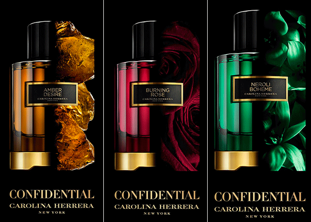Três imagens da nova campanha da linha Herrera Confidential de perfumes. Fotos: divulgação