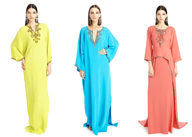 Três looks da coleção cápsula de caftans da Oscar de la Renta. Fotos: divulgação