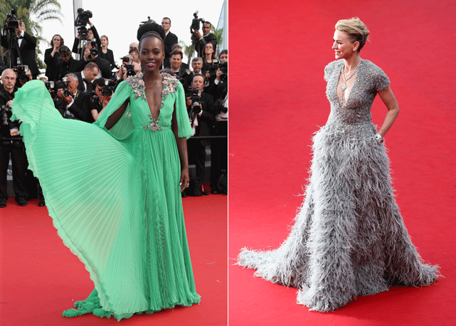 Lupita Nyong'o de Gucci e Naomi Watts de Elie Saab e joias Bulgari. Fotos: Getty Images