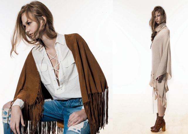 Poncho Schutz, bata Ateen e jeans Seven; e Poncho Uma, colares Rosa Chá, e botas Louis Vuitton. Fotos: Nic Fialdini