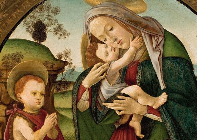 Sandro Botticelli e ateliê [and studio] (Florença, Itália [Florence, Italy], 1445- 1510) Virgem com o menino e são João Batista criança [Virgin and Child with the Infant St. John the Baptist], 1490-1500 Têmpera sobre madeira [Tempera on wood] , diâmetro 74 cm Doação [Gift] D. Sinhá Junqueira, 1947