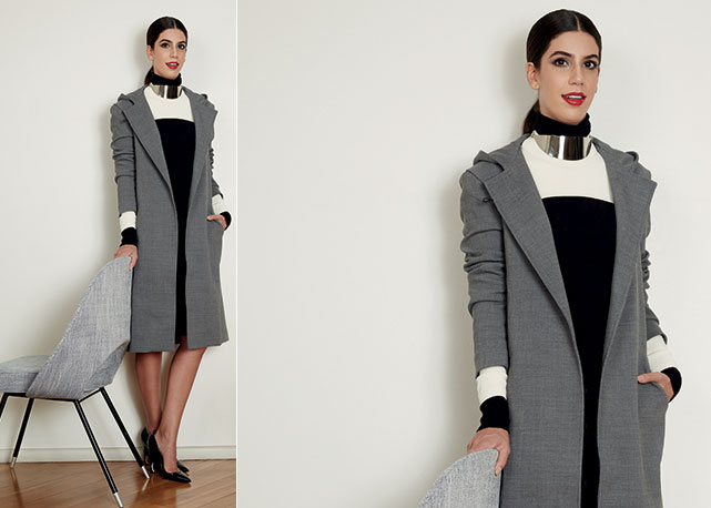 Bruna veste casaco, R$ 1.238, Mixed, pulôver, R$ 90, Siberian, tricô sobresposto, R$ 289, Egrey, colar, R$ 232, Cine 732, pantacourt, R$ 717, Mixed e sapatos, R$ 3.500, Dior. Cadeira Loja Teo - Foto: Marina Najjar