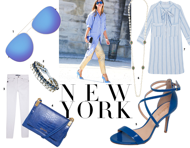 1. Óculos, Lema 21, R$ 225 ;  2. Anel, Olha que Linda, R$ 93; 3. Calça John John, R$ 298; 4. Bolsa, Carmin na Zattini, R$ 957,60; 5. Sandália, Colcci na Dafiti, R$ 279; 6. Colar, Vania Nielsen no Gallerist, R$ 348,60; 7. OQ Vestir para Market 33, R$ 329 - Foto: divulgação