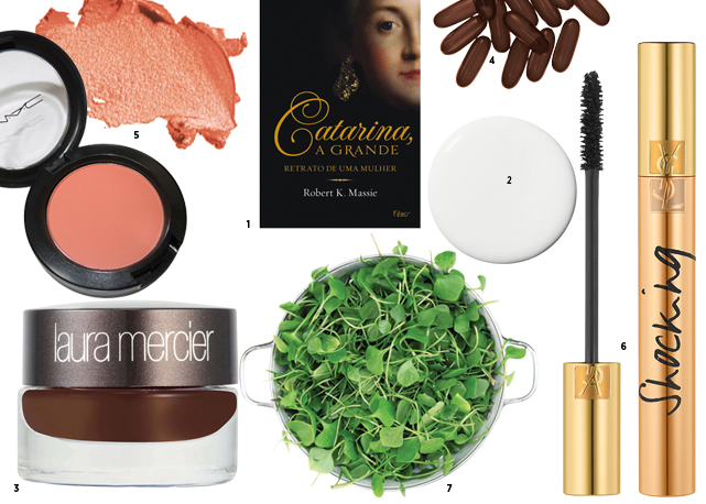 A nécessaire de Christiana carrega itens imprescindíveis, como o blush Peach (5), da M.A.C, a máscara Shocking (6), da YSL, e o eyeliner cremoso (3) Laura Mercier. Hidratante (2) Clinique, antes de tudo. Para fortalecer os fios, cápsulas da Phytophanère (4), e, no prato, muita salada e verdura (7). A leitura do momento: Catarina, a Grande (1) - Fotos: reprodução