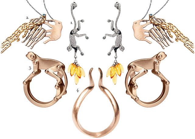 SELVA-À-PORTER 1. Brincos de ouro branco, diamantes e citrinos, US$ 7.890 2. Colar de ouro rosa, branco e amarelo com diamantes e topázios, US$ 4.6903. Anel de ouro rosa, US$ 3.890 4. Anel de ouro, US$ 1.650 - Fotos: Divulgação