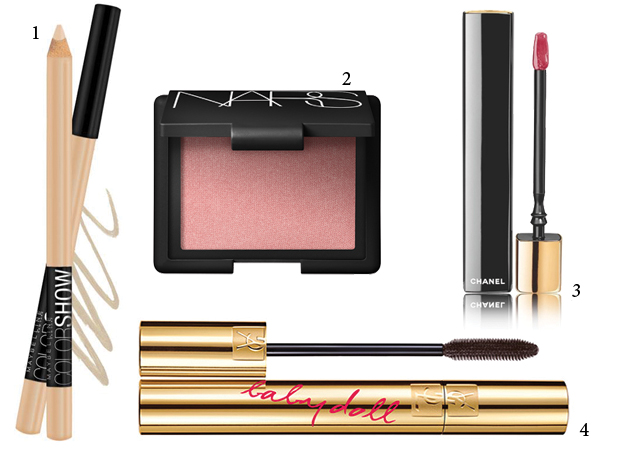 1 - Lápis de olho Color Show, Maybelline (R$ 19, na Sephora); 2 – Blush Orgasm, Nars (R$162, na Sephora); 3 – Rouge Allure Gloss Séduction, Chanel ( US$34, cerca de R$ 129);4 -Máscara de Cílio Babydoll, Yves Sait Laurent (R$ 219, na Sephora) - Fotos: reprodução