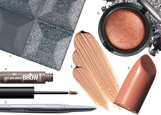 1. Givenchy Le Prisme Yeux Mono 03 R$ 115; 2. Benefit Gimme Brow R$ 110; 3. Smashbox Always Eyeliner R$ 94; 4. Lancôme Base Teint Miracle R$ 279; 5. Clinique Long Last Soft Shine Lipstick Baby Kiss R$79; 6. M.A.C. Mineralize Blush Gleeful - Fotos: Divulgação