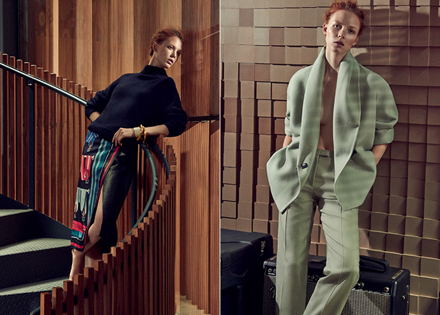 Dani Witt (JOY) usa tricô de cashmere, R$ 8.750, e saia de seda e couro, R$ 22.300 | Calça verde de lã, R$ 4,5 mil, e mantô de cashmere, R$ 18 mil - Foto: Hugo Toni | Styling: Lucas Boccalão