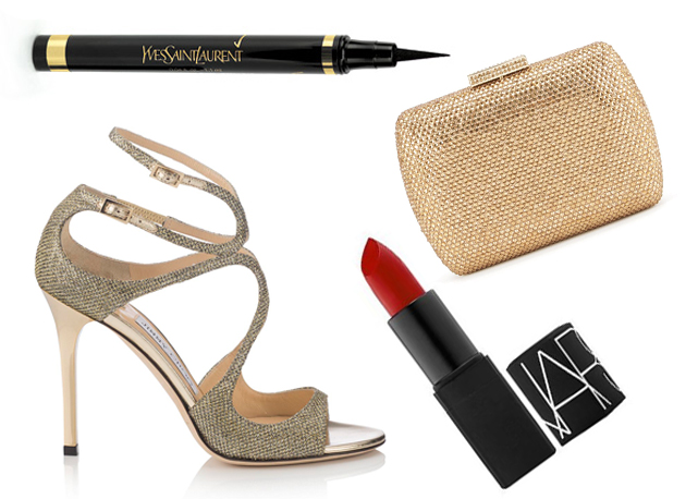 Delineador Effet Faux Cils Shocking da Yves Saint Laurent (R$ 209, na Sephora), clutch Serpui (R$ 826, na Farfetch), batom Nars Lipstick Flamenco (R$ 119, na Sephora) e sandália Jimmy Choo (R$ 3.680) - Fotos: reprodução