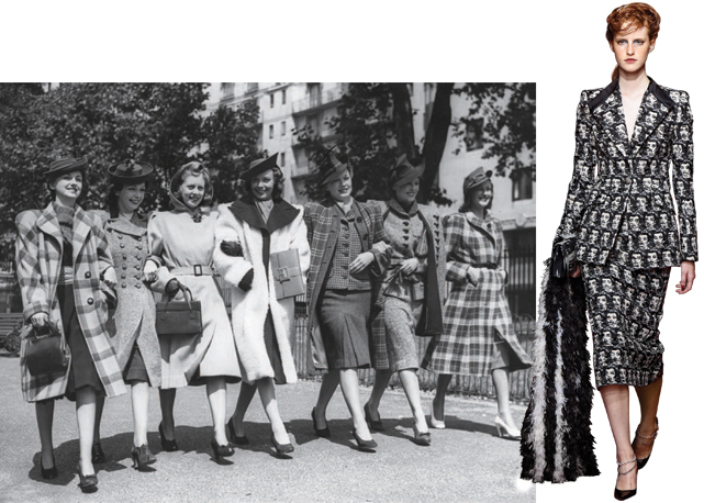 Modelos vestindo a moda característica dos anos 40 nas ruas de Londres; e Marc Jacobs, verão 2016 - Foto: reprodução