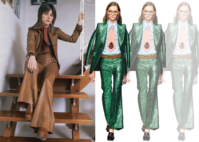 1970 - Suzi Quatro com costume de couro, nos anos 1970; e Gucci, verão 2016 - Foto: reprodução