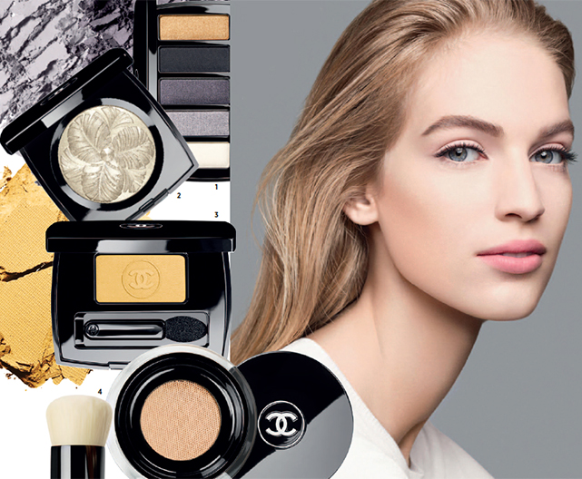 As sombras Ombre Essentielle (3), R$ 175, e Les 5 Ombres Oiseaux de Nuit (1), R$ 420, com tons fortes para a noite; o iluminador Camélia de Plumes (2), R$ 420; e o pó levíssimo Vitalumière com minipincel kabuki (4), R$ 430 - Foto: reprodução